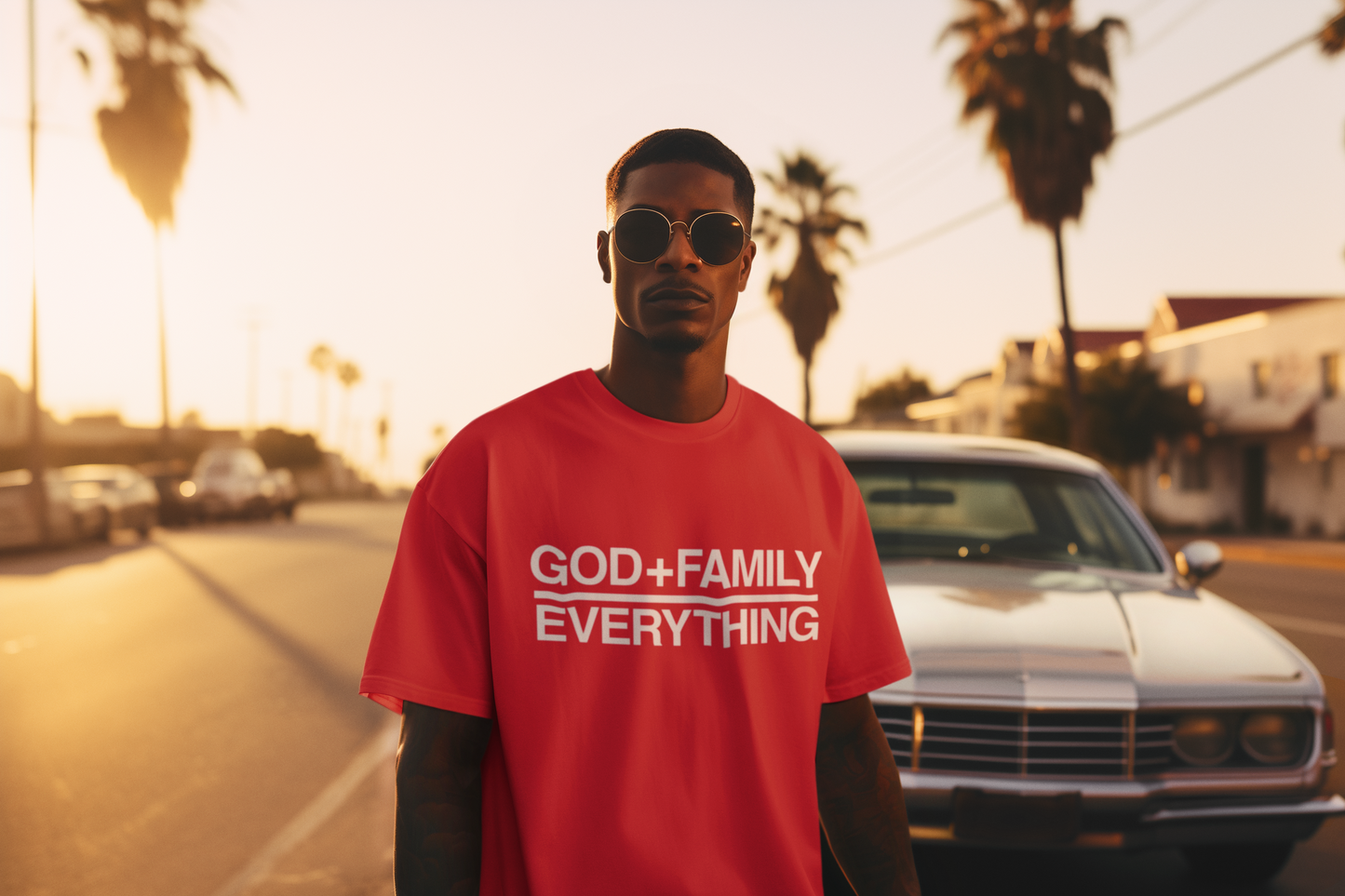 God + Family Over Everything T-Shirt - Red, S image